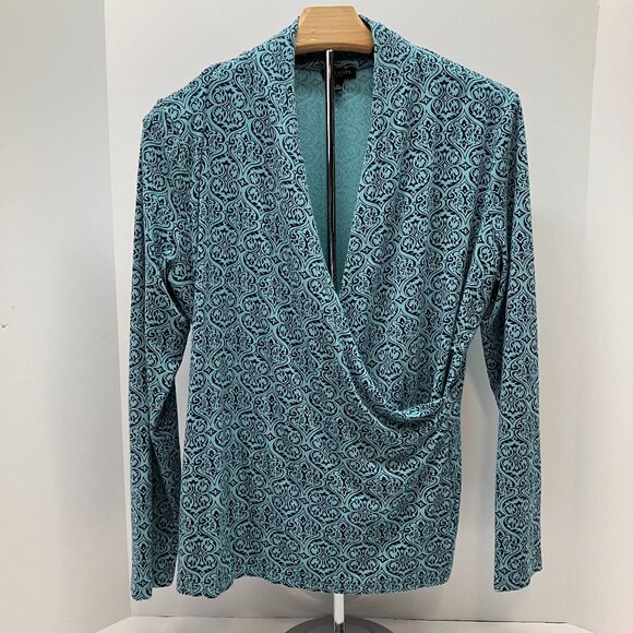 Talbots Womens Stretchy Blue Floral V Neck Long Sleeve Wrap Blouse Shirt Size LP - Picture 1 of 4